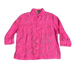 Vtg Mirasol Women's Semi-Sheer Button-Down Shirt Pink Floral Linen Blend Size M